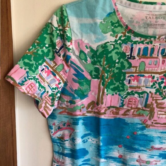 TALBOTS Scenic Mediterranean Tee Short Sleeve Crewneck Blue Pink - Picture 6 of 16